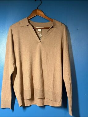 LG Women’s V-Neck Collared Knit Sweater - Tan